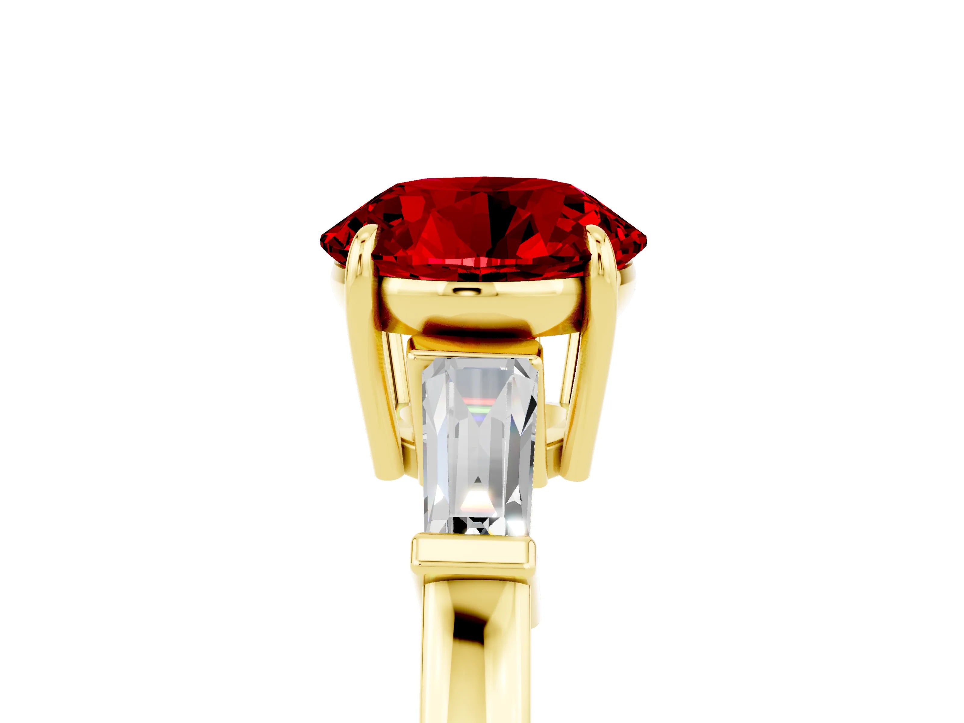 Yellow gold Round Cut Cut Diamond Ring with Tapered Baguette Side Stones in Four-Prong Setting_5