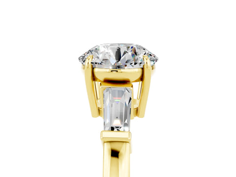 Yellow gold Round Cut Cut Diamond Ring with Tapered Baguette Side Stones in Four-Prong Setting_5