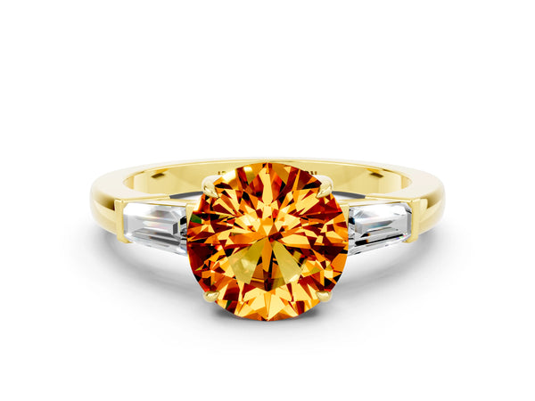Yellow gold Round Cut Citrine Three-Stone Ring with Tapered Baguette Side Stones and Prong Setting