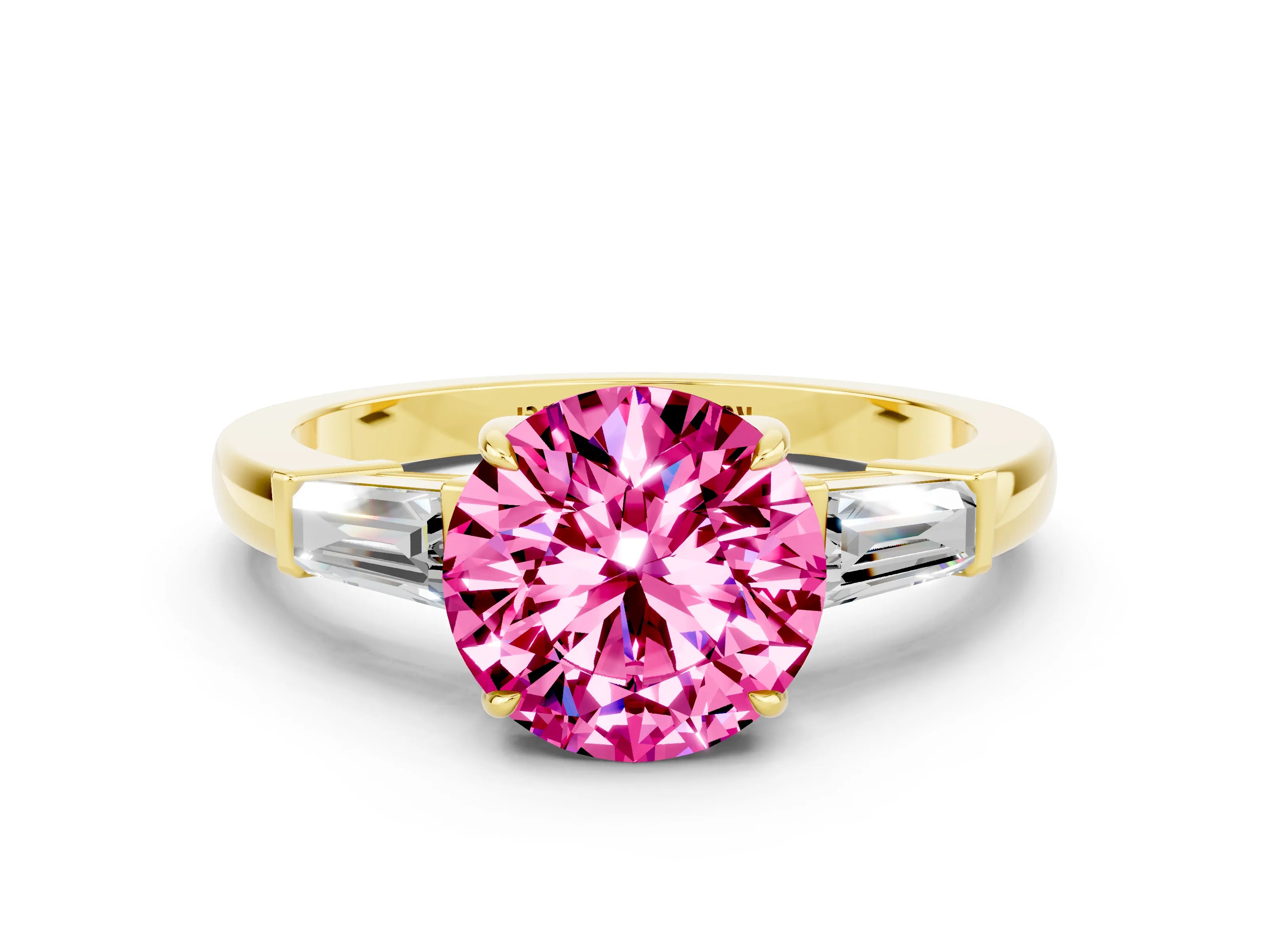 Yellow gold Round Cut Cut Diamond Ring with Tapered Baguette Side Stones in Four-Prong Setting