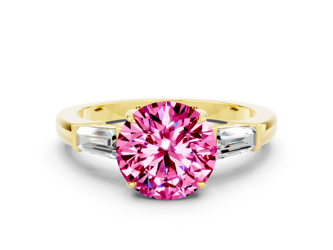 Yellow gold Round Cut Cut Diamond Ring with Tapered Baguette Side Stones in Four-Prong Setting