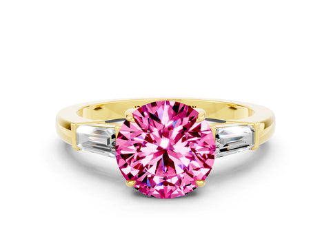 Yellow gold Round Cut Cut Diamond Ring with Tapered Baguette Side Stones in Four-Prong Setting