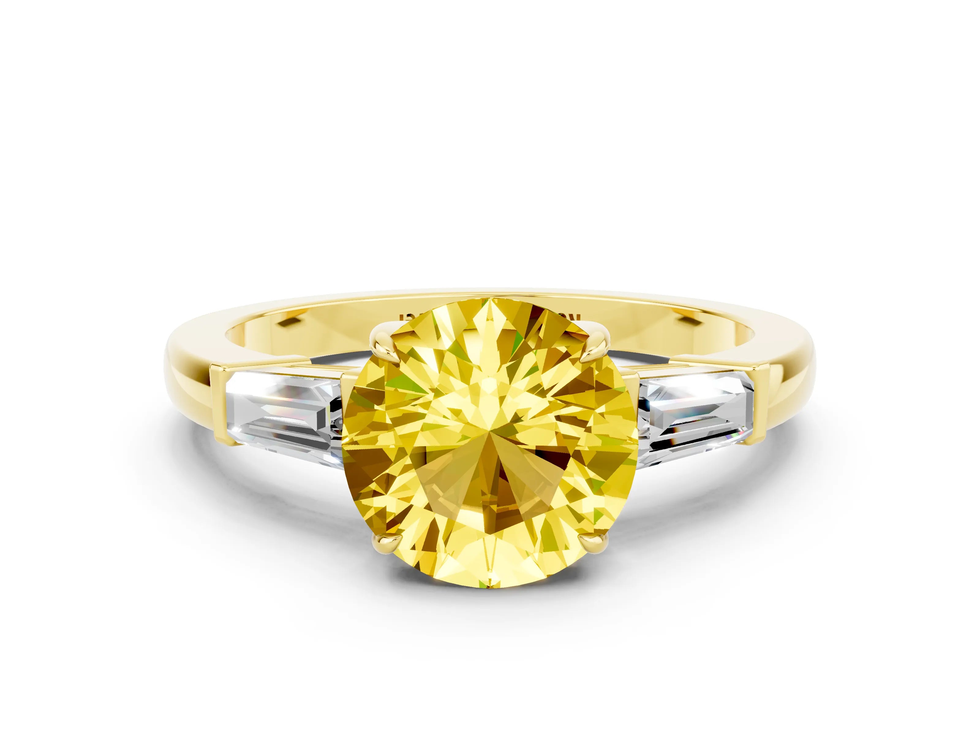 Yellow gold Round Cut Cut Diamond Ring with Tapered Baguette Side Stones in Four-Prong Setting