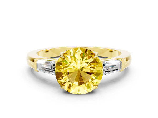 Yellow gold Round Cut Yellow Sapphire Three-Stone Ring with Tapered Baguette Side Stones and Prong Setting