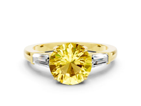 Yellow gold Round Cut Cut Diamond Ring with Tapered Baguette Side Stones in Four-Prong Setting