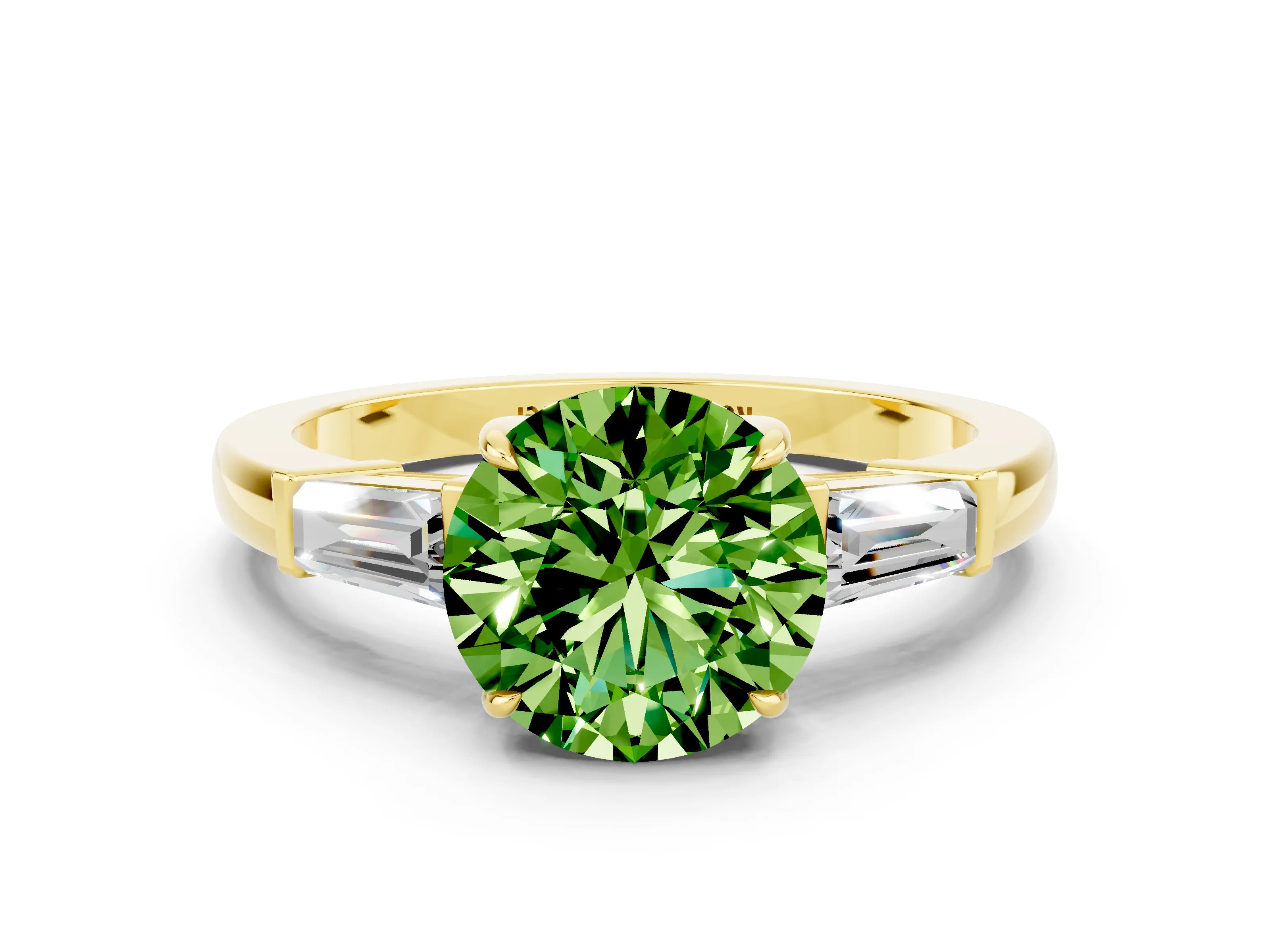 Yellow gold Round Cut Cut Diamond Ring with Tapered Baguette Side Stones in Four-Prong Setting