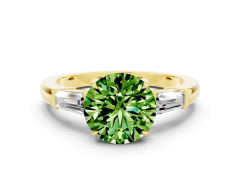 Yellow gold Round Cut Cut Diamond Ring with Tapered Baguette Side Stones in Four-Prong Setting