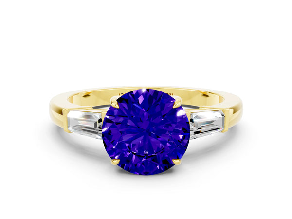 Yellow gold Round Cut Tanzanite Three-Stone Ring with Tapered Baguette Side Stones and Prong Setting