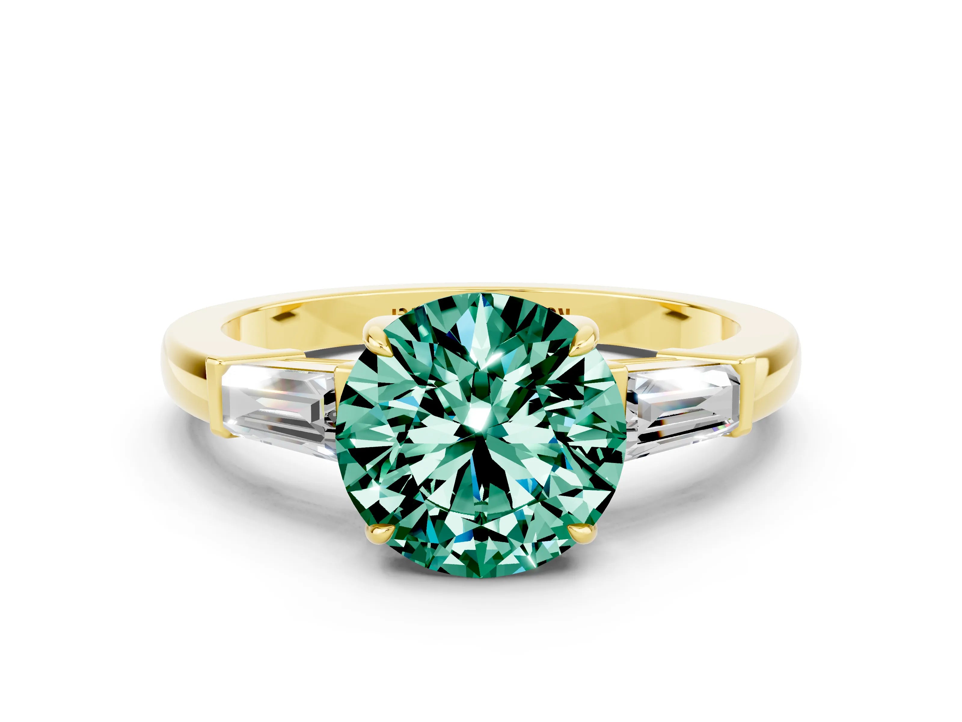 Yellow gold Round Cut Cut Diamond Ring with Tapered Baguette Side Stones in Four-Prong Setting