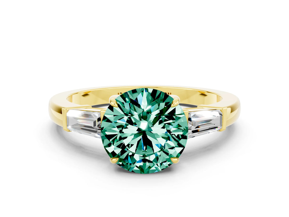 Yellow gold Round Cut Cut Diamond Ring with Tapered Baguette Side Stones in Four-Prong Setting