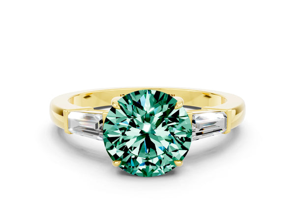 Yellow gold Round Cut Green Sapphire Three-Stone Ring with Tapered Baguette Side Stones and Prong Setting