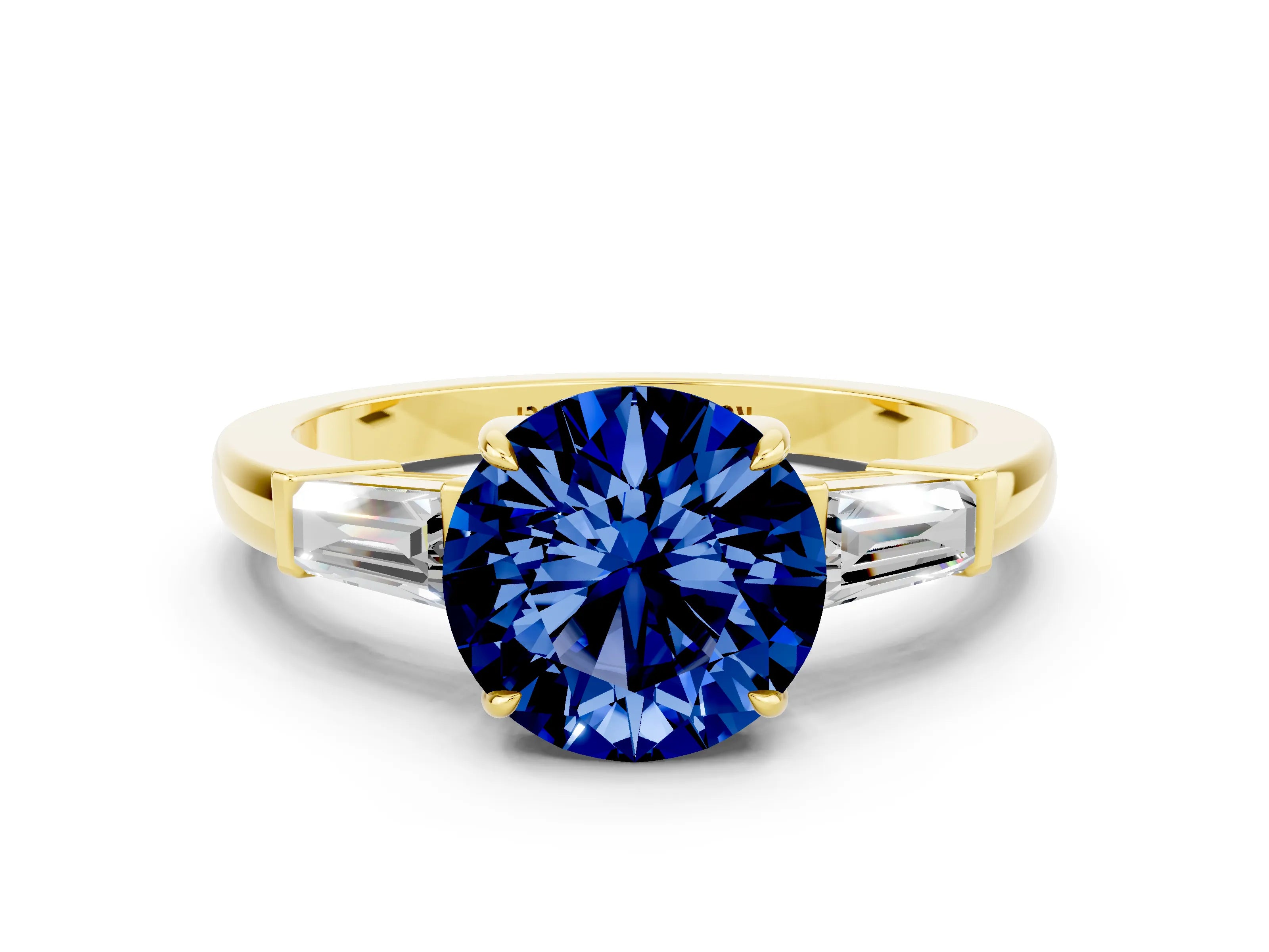 Yellow gold Round Cut Cut Diamond Ring with Tapered Baguette Side Stones in Four-Prong Setting