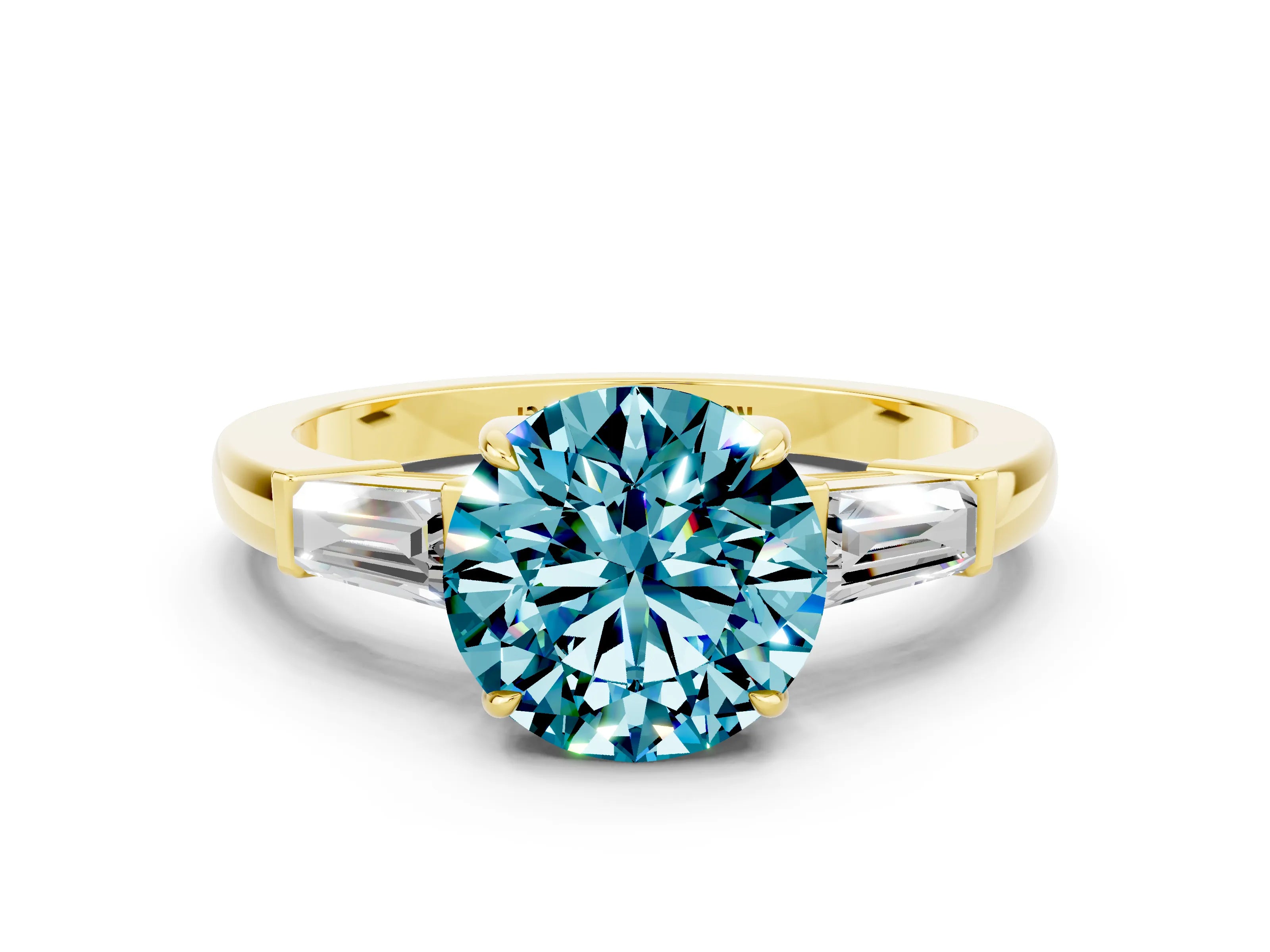 Yellow gold Round Cut Cut Diamond Ring with Tapered Baguette Side Stones in Four-Prong Setting