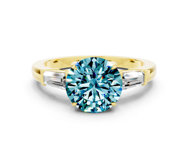 Yellow gold Round Cut Cut Diamond Ring with Tapered Baguette Side Stones in Four-Prong Setting