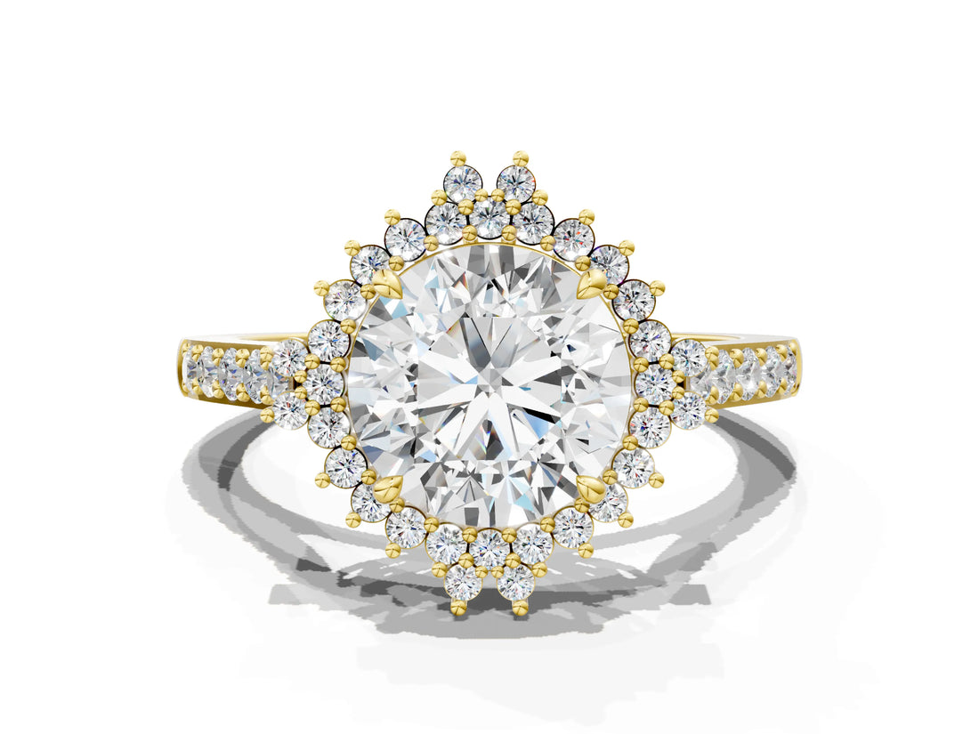 Yellow gold Round Cut Cut Diamond Sunburst Halo Engagement Ring with Pavé Band_3