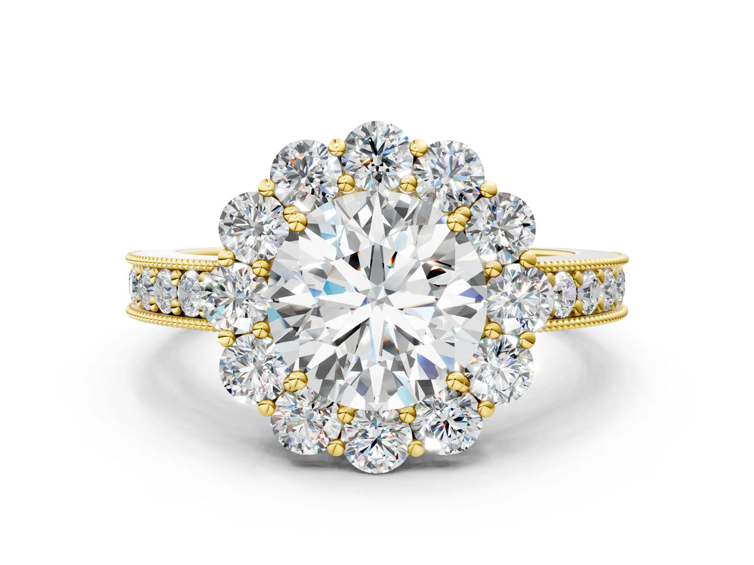 Yellow gold Round Cut Cut Halo Diamond Pavé Engagement Ring with Milgrain Detailing_15