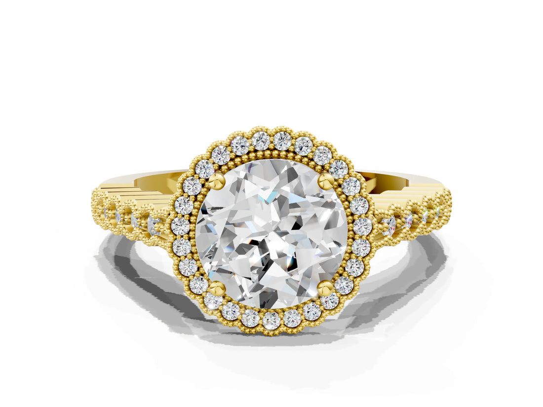 Yellow gold Round Cut Cut Halo Pavé Solitaire Ring with Milgrain Band_7