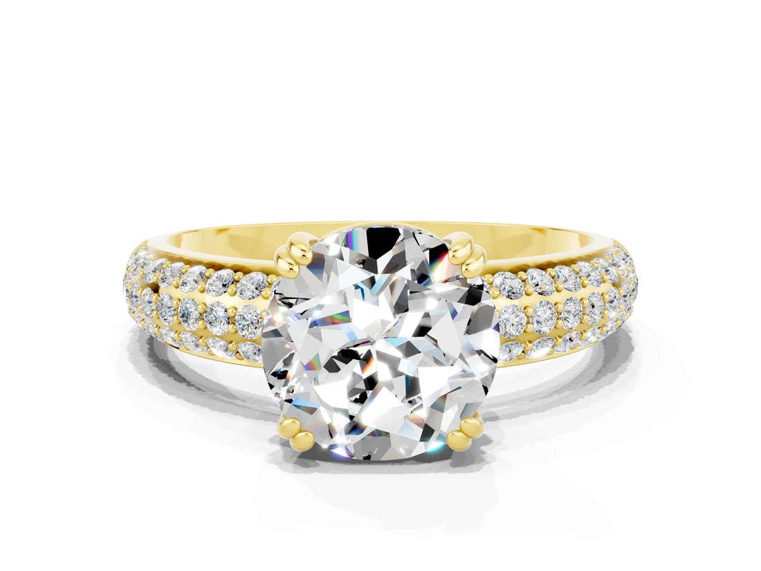Yellow gold Round Cut Cut Pave Diamond Engagement Ring with Channel Set Band and Four-Prong Setting