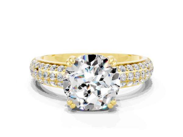 Yellow gold Round Cut Moissanite Solitaire Ring with Multi-Row Round Pavé Band and Prong Setting
