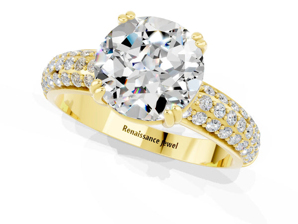 Yellow gold Round Cut Moissanite Solitaire Ring with Multi-Row Round Pavé Band and Prong Setting
