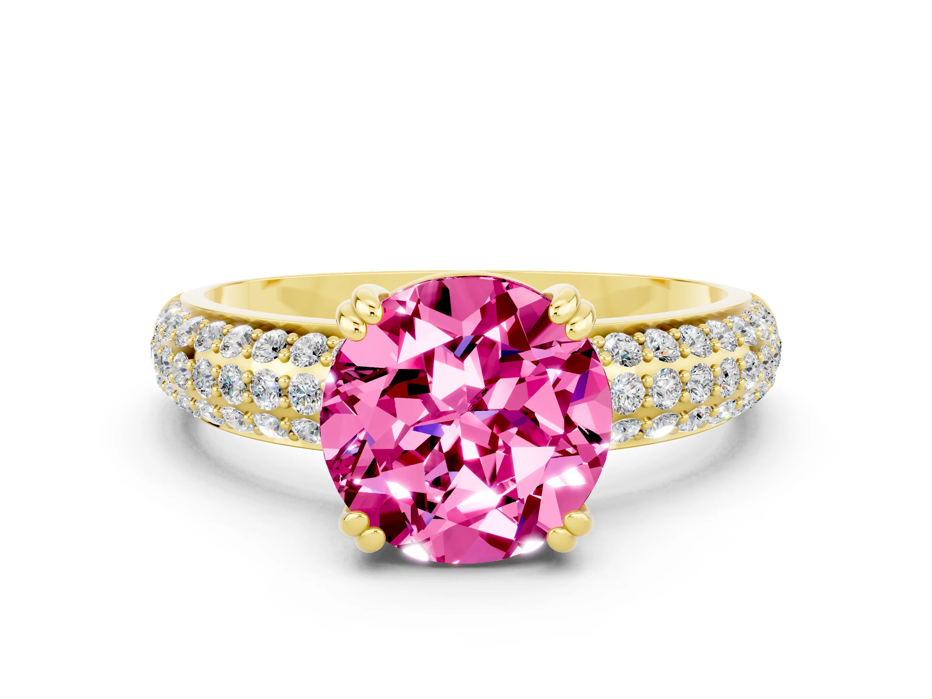 Yellow gold Round Cut Cut Pave Diamond Engagement Ring with Channel Set Band and Four-Prong Setting