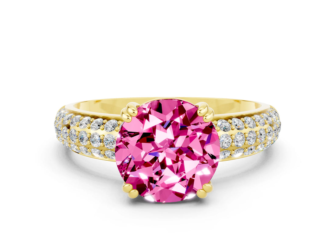 Yellow gold Round Cut Cut Pave Diamond Engagement Ring with Channel Set Band and Four-Prong Setting