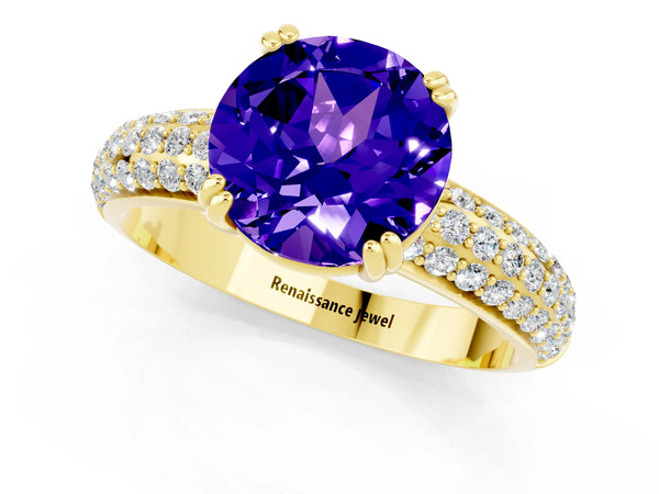 Yellow gold Round Cut Tanzanite Solitaire Ring with Multi-Row Round Pavé Band and Prong Setting