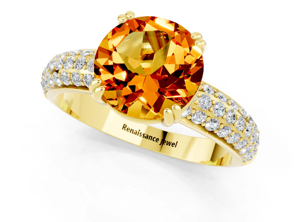 Yellow gold Round Cut Citrine Solitaire Ring with Multi-Row Round Pavé Band and Prong Setting