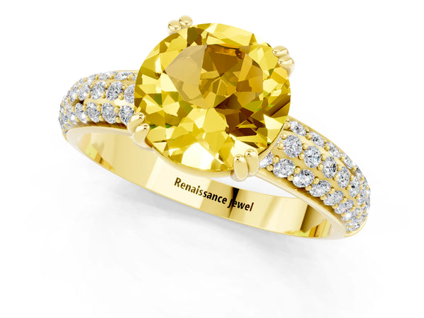 Yellow gold Round Cut Yellow Sapphire Solitaire Ring with Multi-Row Round Pavé Band and Prong Setting