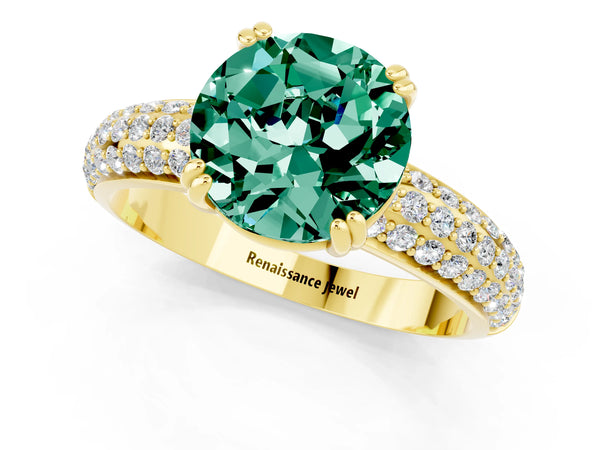 Yellow gold Round Cut Green Sapphire Solitaire Ring with Multi-Row Round Pavé Band and Prong Setting