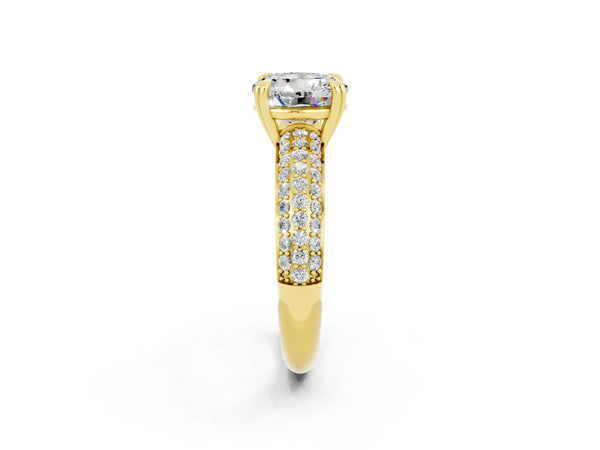 Yellow gold Round Cut Moissanite Solitaire Ring with Multi-Row Round Pavé Band and Prong Setting