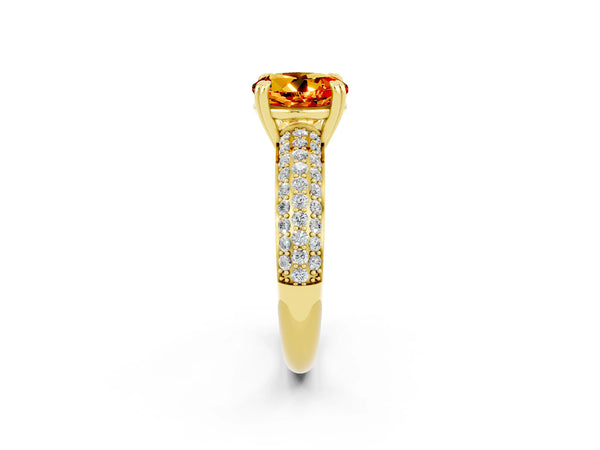 Yellow gold Round Cut Citrine Solitaire Ring with Multi-Row Round Pavé Band and Prong Setting