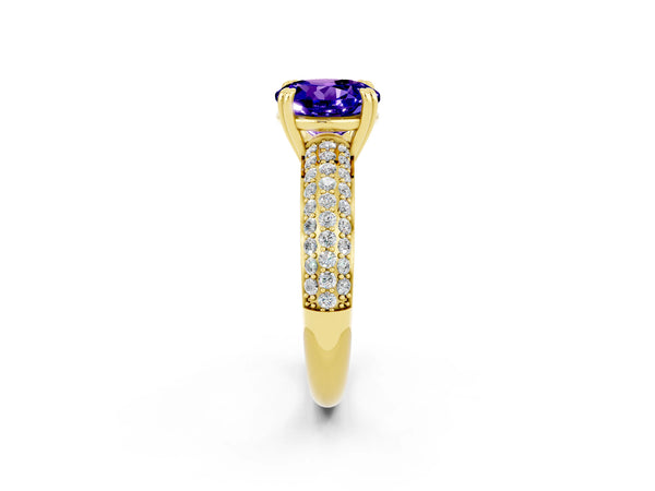 Yellow gold Round Cut Tanzanite Solitaire Ring with Multi-Row Round Pavé Band and Prong Setting