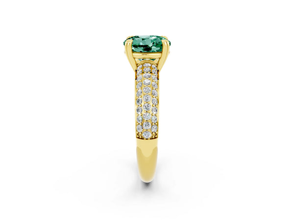 Yellow gold Round Cut Green Sapphire Solitaire Ring with Multi-Row Round Pavé Band and Prong Setting