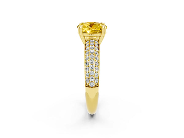 Yellow gold Round Cut Yellow Sapphire Solitaire Ring with Multi-Row Round Pavé Band and Prong Setting