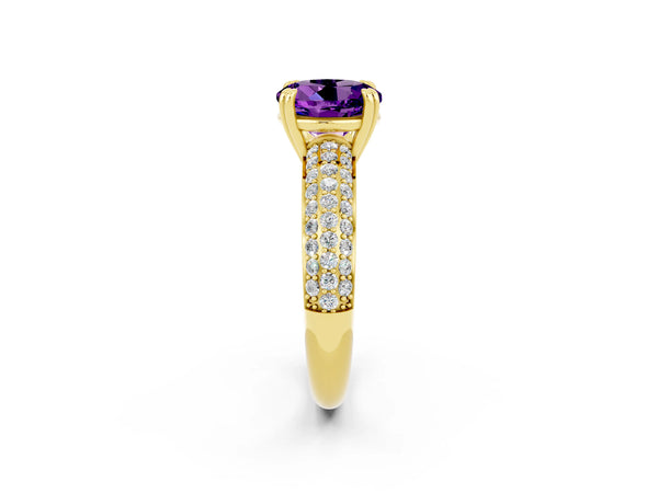 Yellow gold Round Cut Amethyst Solitaire Ring with Multi-Row Round Pavé Band and Prong Setting