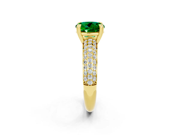 Yellow gold Round Cut Emerald Solitaire Ring with Multi-Row Round Pavé Band and Prong Setting