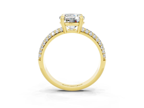 Yellow gold Round Cut Moissanite Solitaire Ring with Multi-Row Round Pavé Band and Prong Setting