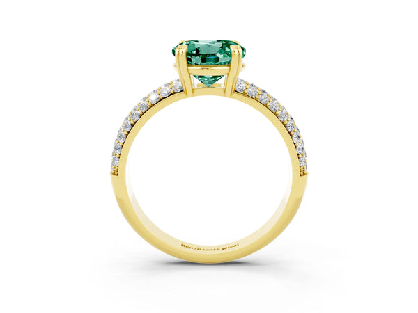 Yellow gold Round Cut Green Sapphire Solitaire Ring with Multi-Row Round Pavé Band and Prong Setting