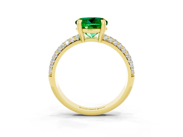 Yellow gold Round Cut Emerald Solitaire Ring with Multi-Row Round Pavé Band and Prong Setting