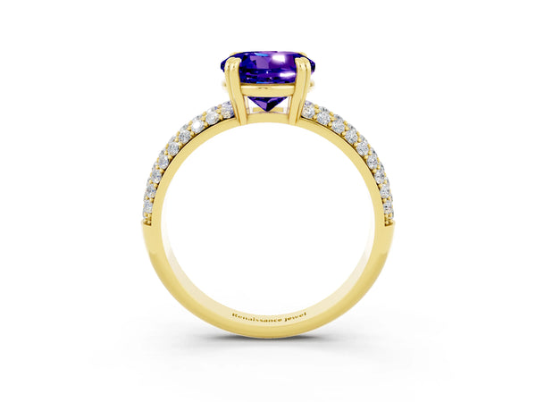 Yellow gold Round Cut Tanzanite Solitaire Ring with Multi-Row Round Pavé Band and Prong Setting