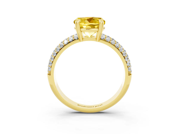 Yellow gold Round Cut Yellow Sapphire Solitaire Ring with Multi-Row Round Pavé Band and Prong Setting