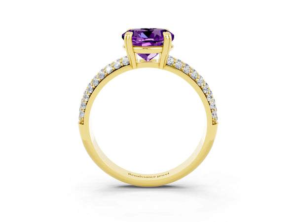Yellow gold Round Cut Amethyst Solitaire Ring with Multi-Row Round Pavé Band and Prong Setting