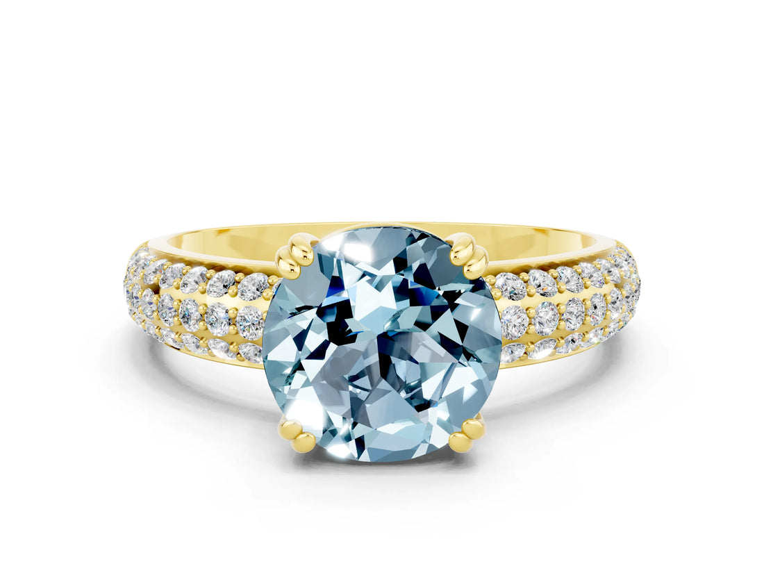 Yellow gold Round Cut Cut Pave Diamond Engagement Ring with Channel Set Band and Four-Prong Setting
