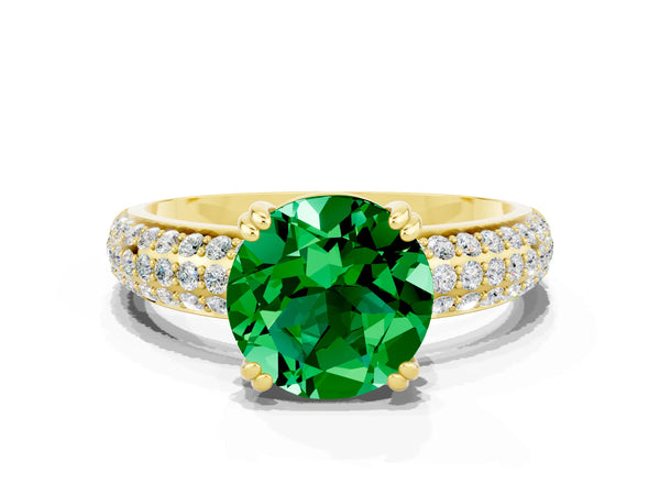 Yellow gold Round Cut Emerald Solitaire Ring with Multi-Row Round Pavé Band and Prong Setting