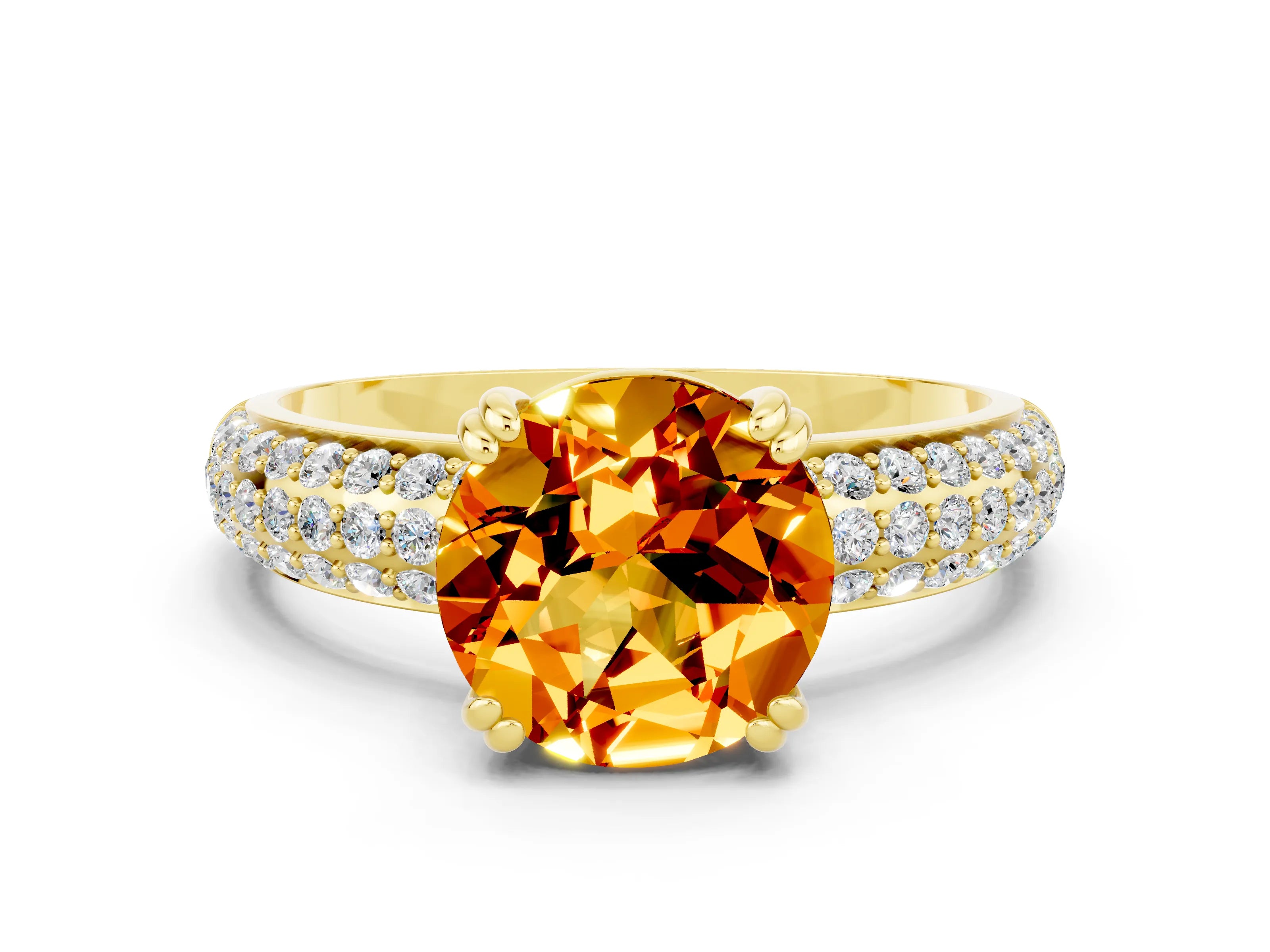 Yellow gold Round Cut Cut Pave Diamond Engagement Ring with Channel Set Band and Four-Prong Setting