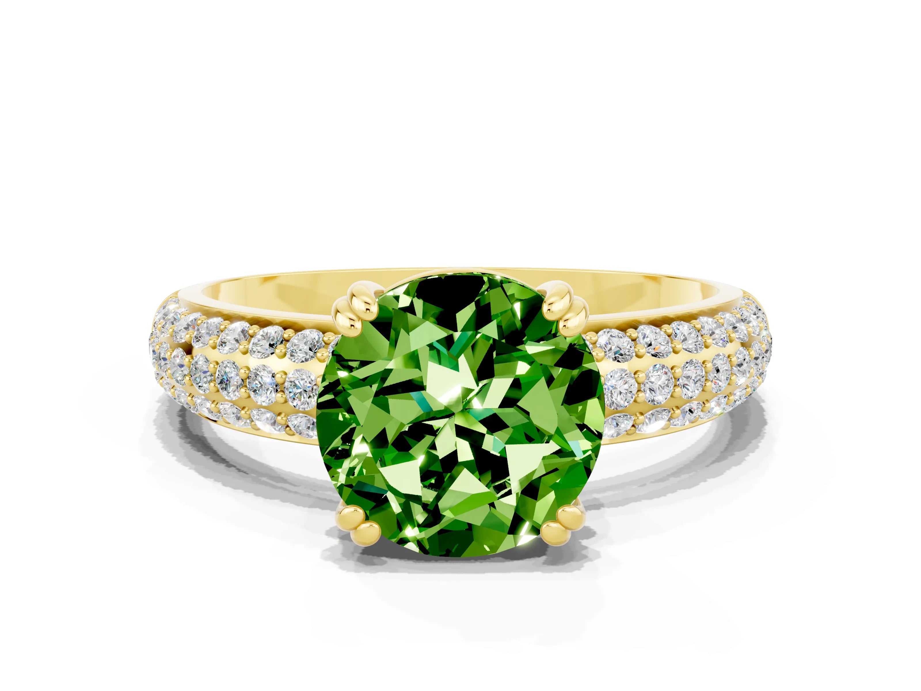 Yellow gold Round Cut Cut Pave Diamond Engagement Ring with Channel Set Band and Four-Prong Setting