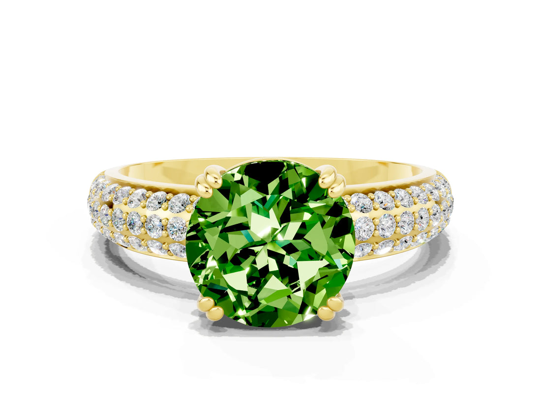 Yellow gold Round Cut Cut Pave Diamond Engagement Ring with Channel Set Band and Four-Prong Setting
