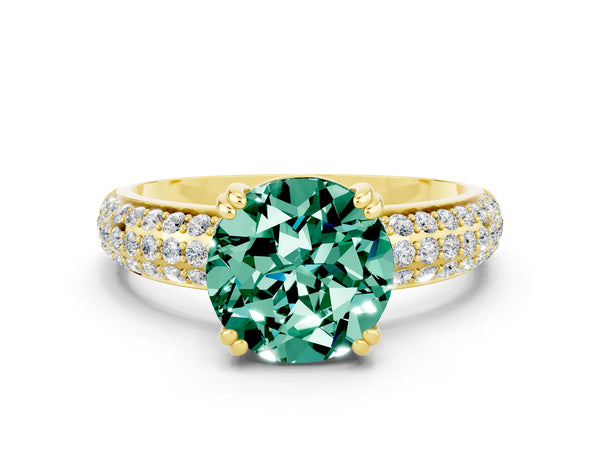 Yellow gold Round Cut Green Sapphire Solitaire Ring with Multi-Row Round Pavé Band and Prong Setting