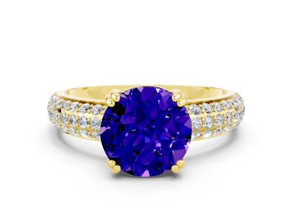Yellow gold Round Cut Tanzanite Solitaire Ring with Multi-Row Round Pavé Band and Prong Setting